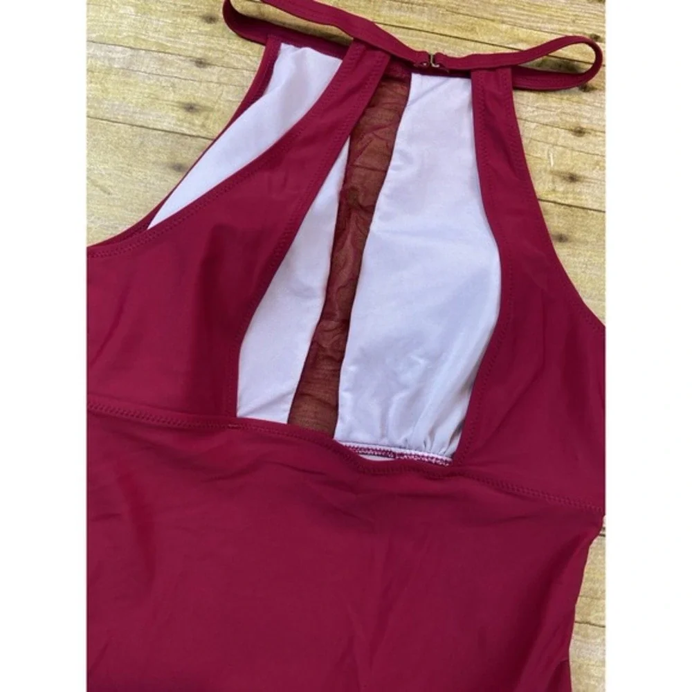 Women's High Cut One Piece Bathing Suit Dark Red Women's Size‎ Medium Halter